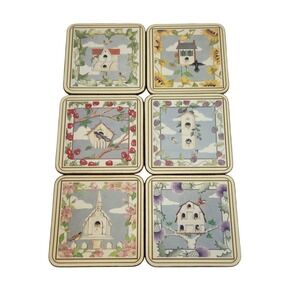 Pimpernel Coasters Birdhouse Floral Cork Backed Set of 6 England‎ 4in